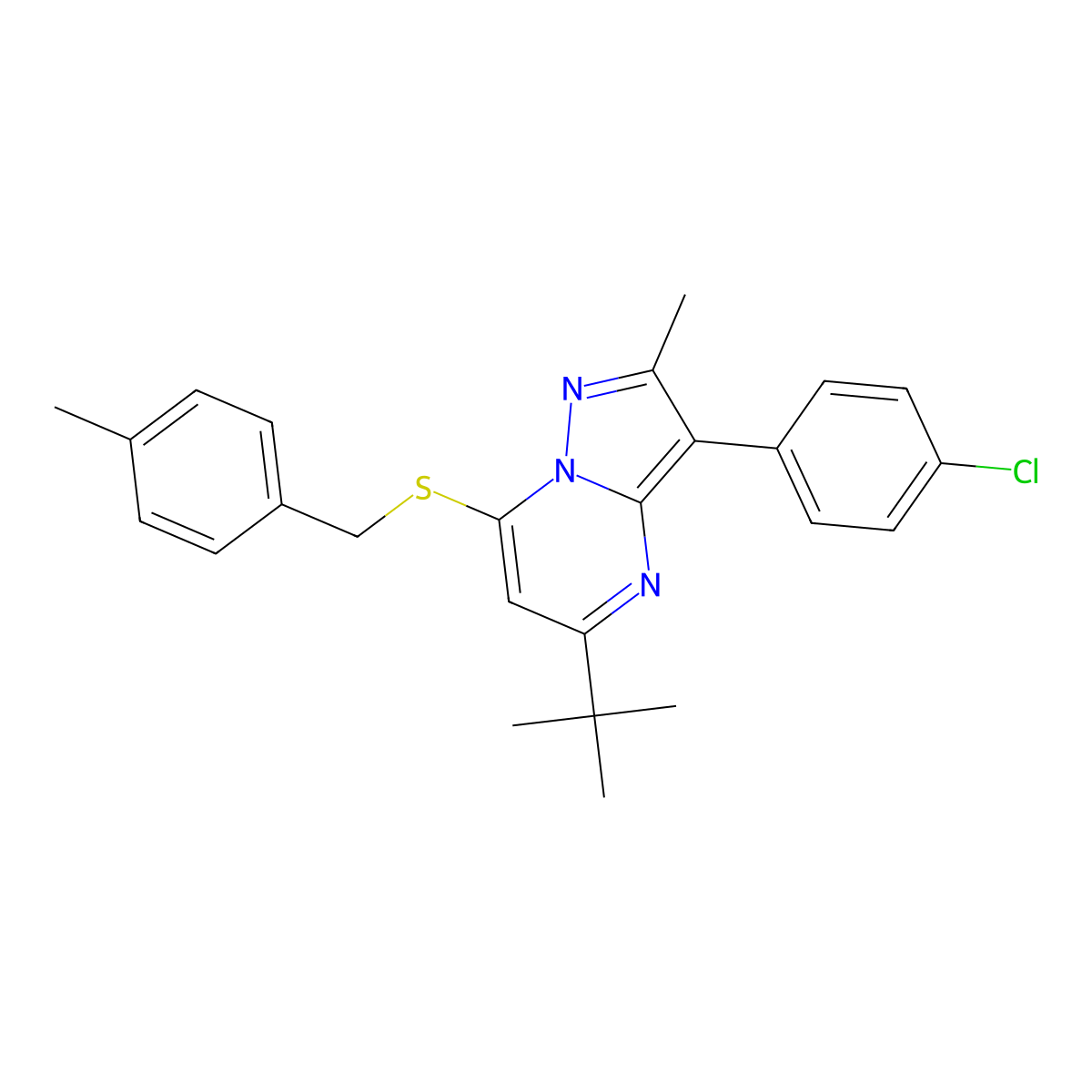 5-Tert-butyl-3-(4-chlorophenyl)-2-methyl-7-[(4-methylbenzyl)sulfanyl]pyrazolo[1,5-a]pyrimidine molecular structure, CAS 862210-02-4