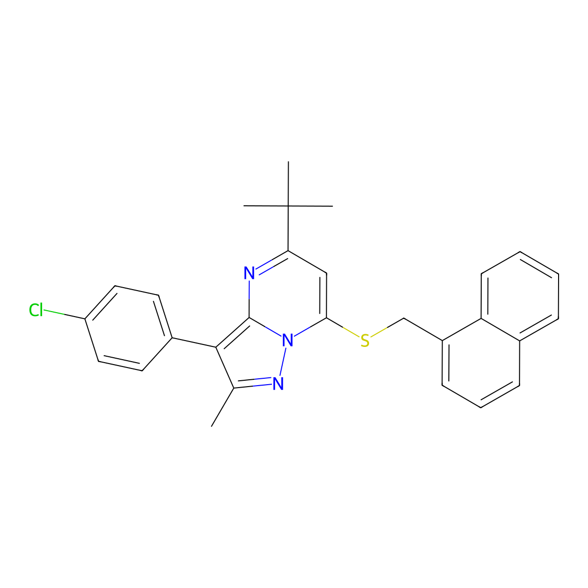 5-Tert-butyl-3-(4-chlorophenyl)-2-methyl-7-[(naphthalen-1-ylmethyl)sulfanyl]pyrazolo[1,5-a]pyrimidine molecular structure, CAS 862210-35-3
