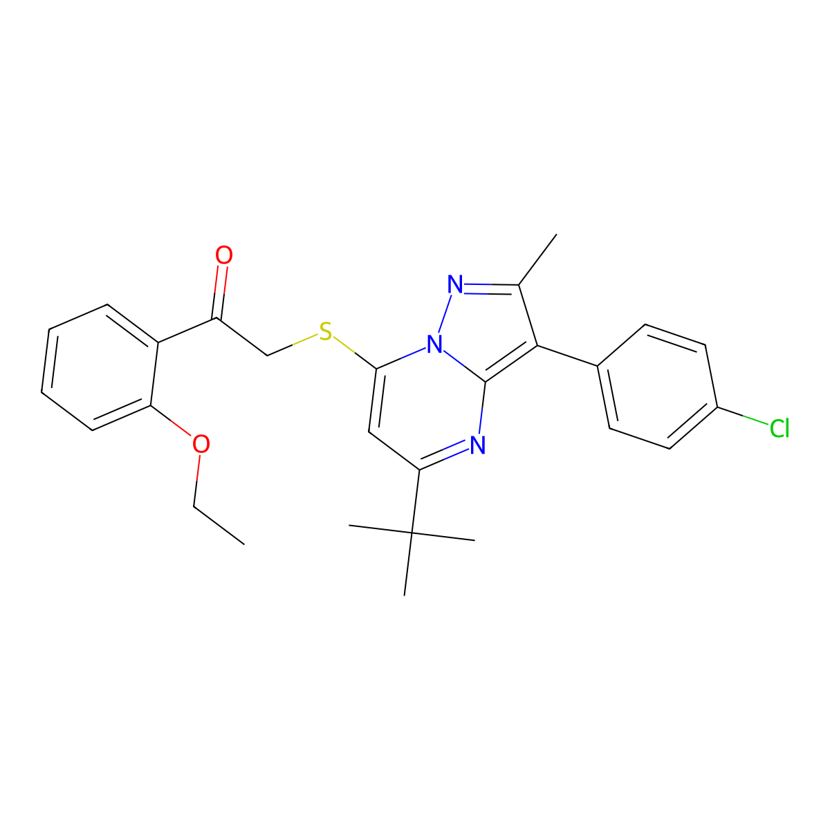 2-{[5-Tert-butyl-3-(4-chlorophenyl)-2-methylpyrazolo[1,5-a]pyrimidin-7-yl]sulfanyl}-1-(2-ethoxyphenyl)ethanone molecular structure, CAS 862244-14-2