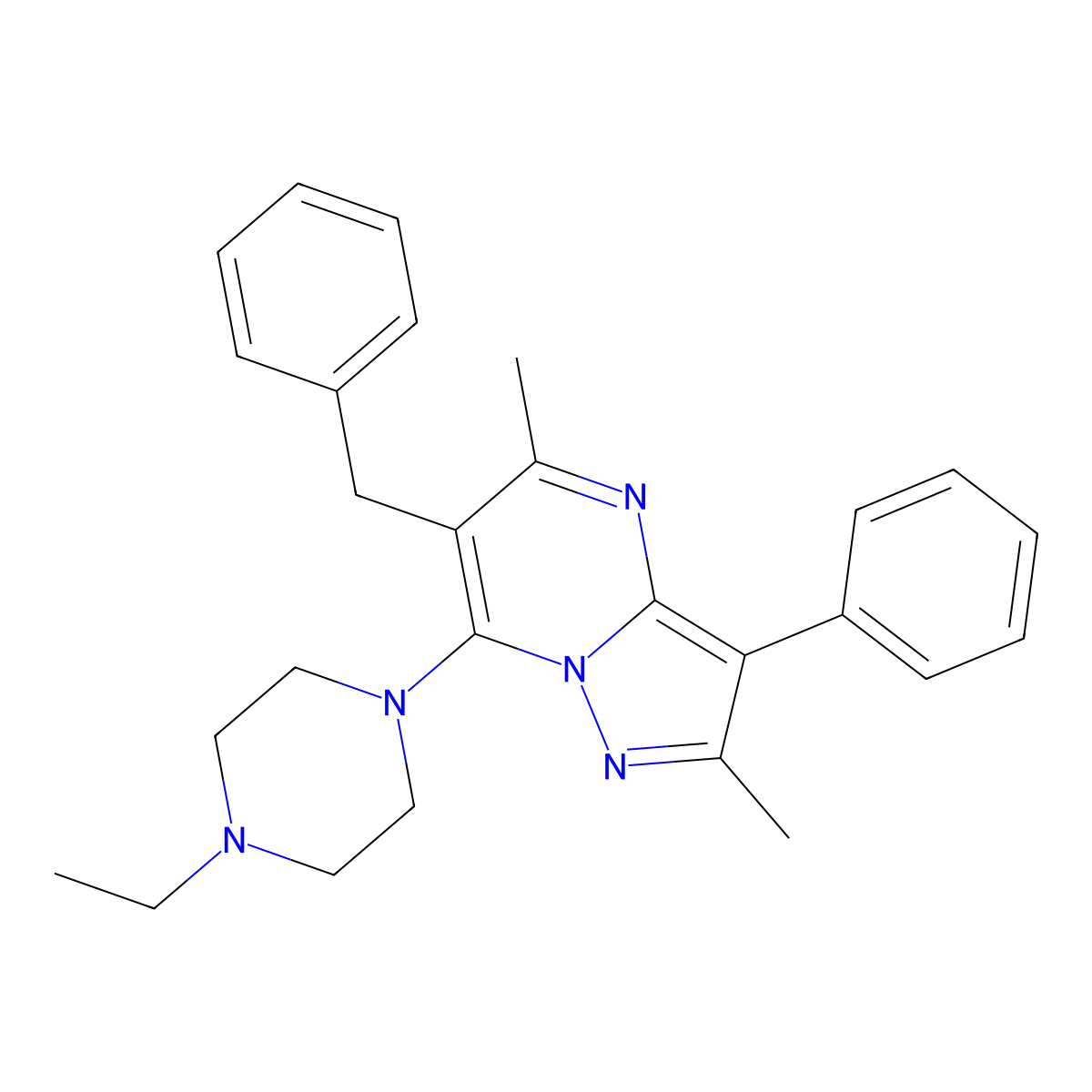6-Benzyl-7-(4-ethylpiperazin-1-yl)-2,5-dimethyl-3-phenylpyrazolo[1,5-a]pyrimidine molecular structure, CAS 862244-47-1