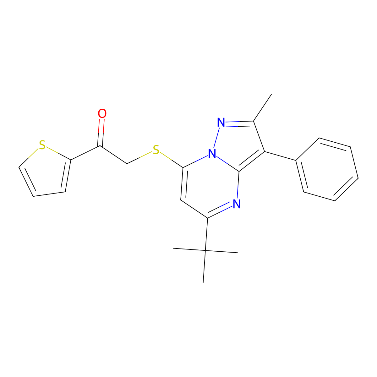 2-[(5-Tert-butyl-2-methyl-3-phenylpyrazolo[1,5-a]pyrimidin-7-yl)sulfanyl]-1-(thiophen-2-yl)ethanone molecular structure, CAS 862244-87-9