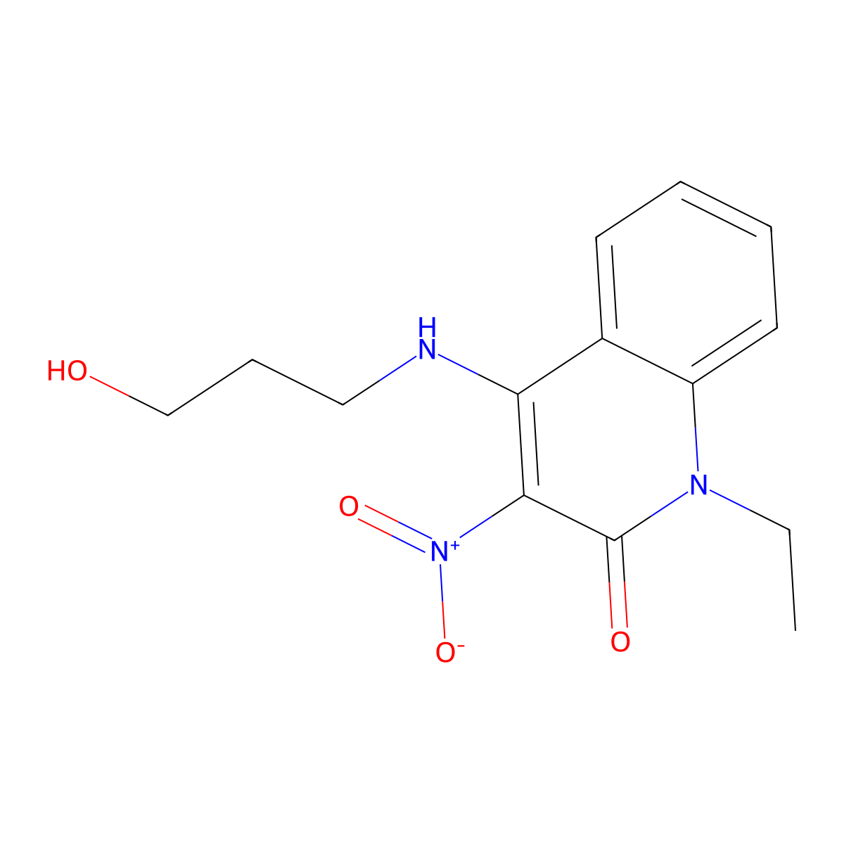 1-ethyl-4-((3-hydroxypropyl)amino)-3-nitroquinolin-2(1H)-one molecular structure, CAS 862244-88-0