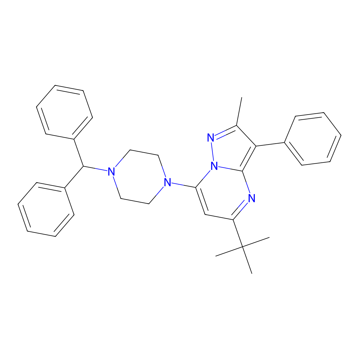 5-Tert-butyl-7-[4-(diphenylmethyl)piperazin-1-yl]-2-methyl-3-phenylpyrazolo[1,5-a]pyrimidine molecular structure, CAS 862485-22-1