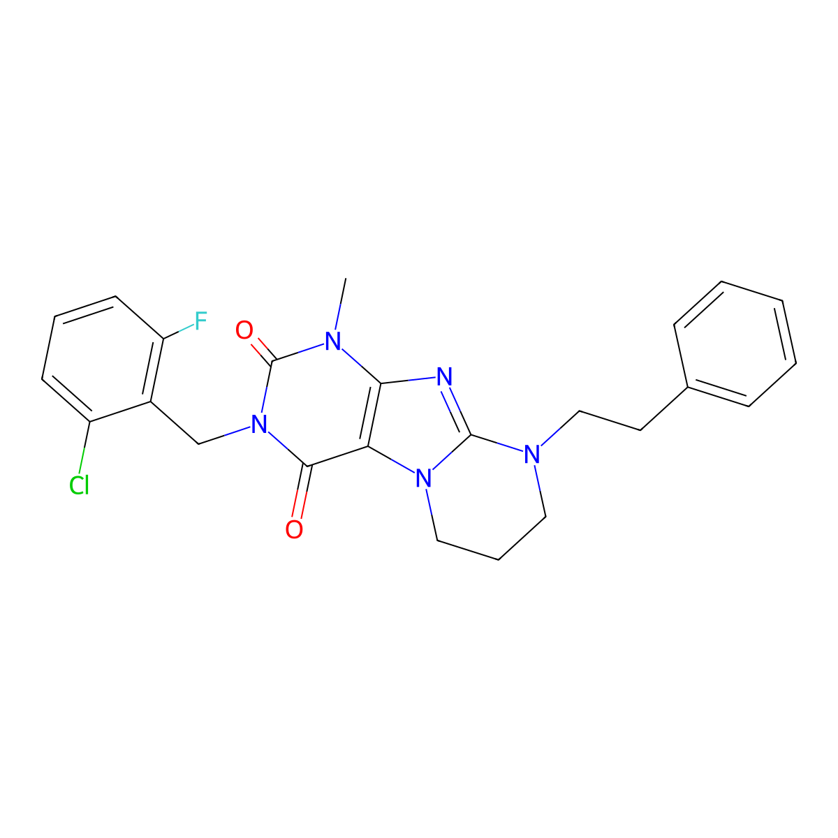 3-[(2-chloro-6-fluorophenyl)methyl]-1-methyl-9-(2-phenylethyl)-1H,2H,3H,4H,6H,7H,8H,9H-pyrimido[1,2-g]purine-2,4-dione molecular structure, CAS 862485-48-1