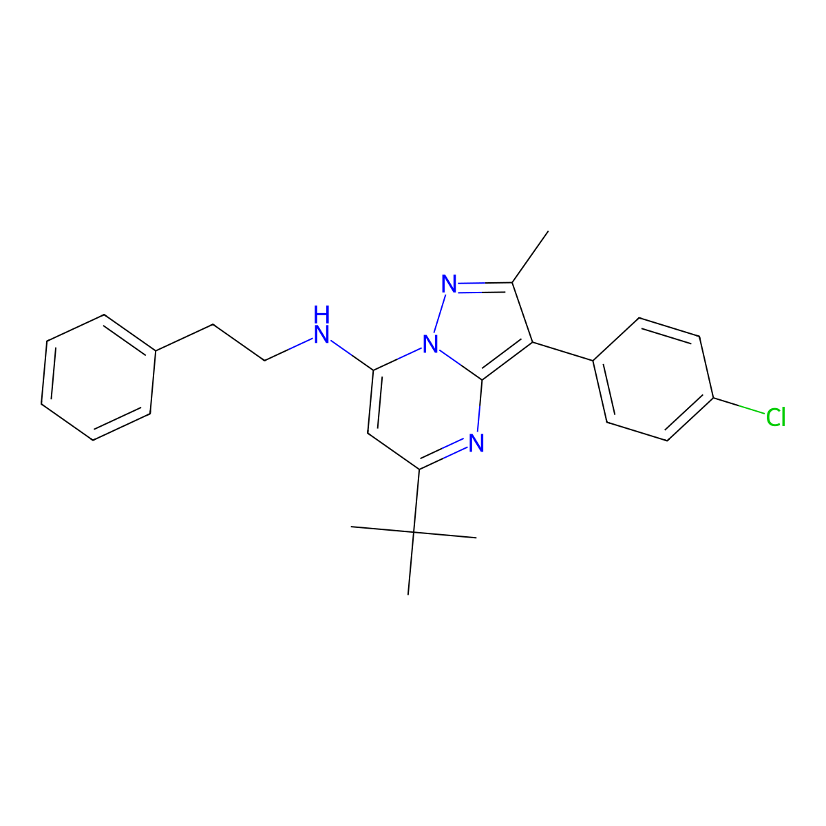 5-tert-butyl-3-(4-chlorophenyl)-2-methyl-N-(2-phenylethyl)pyrazolo[1,5-a]pyrimidin-7-amine molecular structure, CAS 862486-29-1
