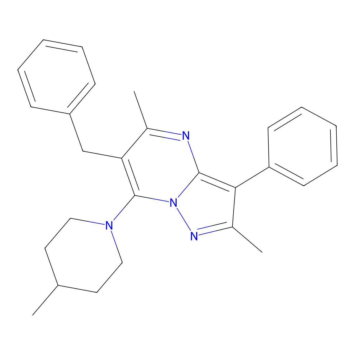 6-Benzyl-2,5-dimethyl-7-(4-methylpiperidin-1-yl)-3-phenylpyrazolo[1,5-a]pyrimidine molecular structure, CAS 862486-34-8