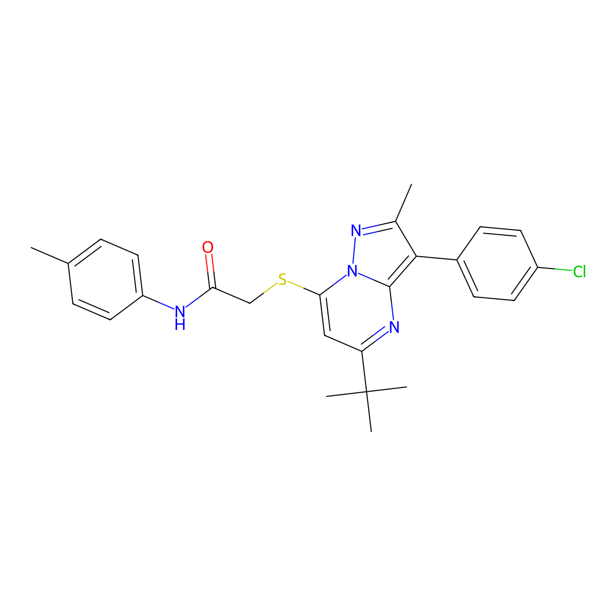 2-{[5-tert-butyl-3-(4-chlorophenyl)-2-methylpyrazolo[1,5-a]pyrimidin-7-yl]sulfanyl}-N-(4-methylphenyl)acetamide molecular structure, CAS 862486-49-5