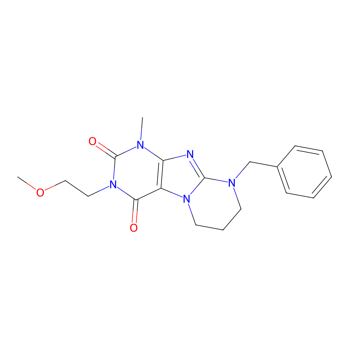 9-benzyl-3-(2-methoxyethyl)-1-methyl-6,7,8,9-tetrahydropyrimido[2,1-f]purine-2,4(1H,3H)-dione molecular structure, CAS 862487-43-2