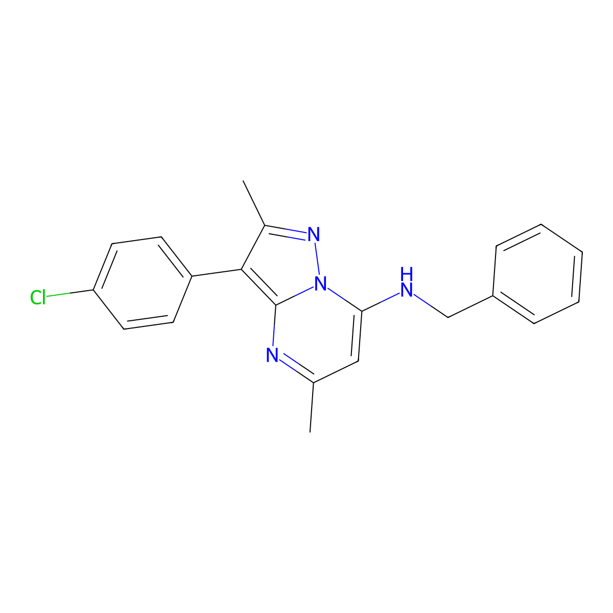N-benzyl-3-(4-chlorophenyl)-2,5-dimethylpyrazolo[1,5-a]pyrimidin-7-amine molecular structure, CAS 862487-97-6
