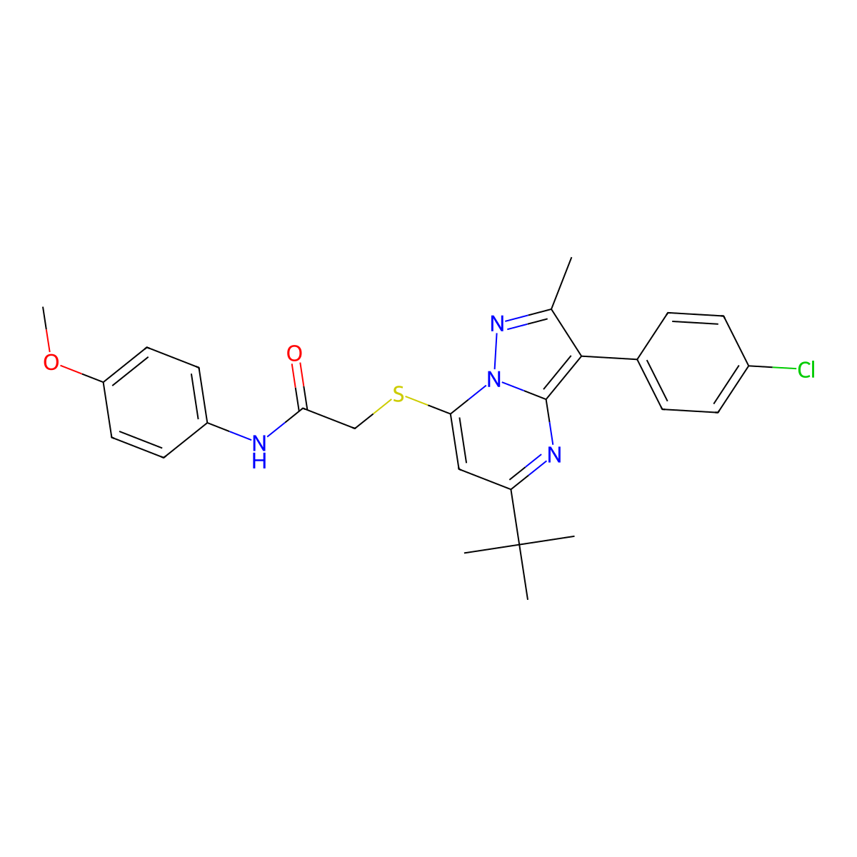 2-{[5-tert-butyl-3-(4-chlorophenyl)-2-methylpyrazolo[1,5-a]pyrimidin-7-yl]sulfanyl}-N-(4-methoxyphenyl)acetamide molecular structure, CAS 862488-51-5