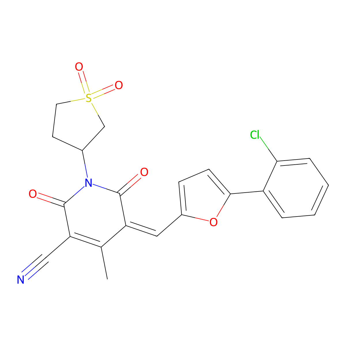 5-[[5-(2-Chlorophenyl)furan-2-yl]methylidene]-1-(1,1-dioxothiolan-3-yl)-4-methyl-2,6-dioxopyridine-3-carbonitrile molecular structure, CAS 862488-86-6