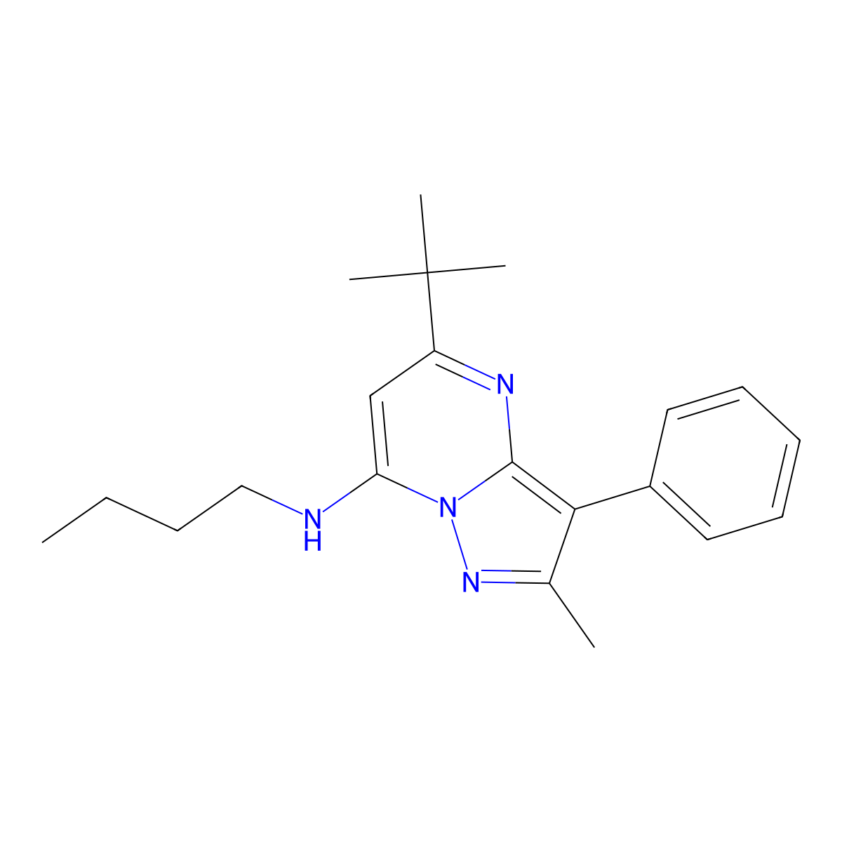 N-butyl-5-tert-butyl-2-methyl-3-phenylpyrazolo[1,5-a]pyrimidin-7-amine molecular structure, CAS 862489-20-1