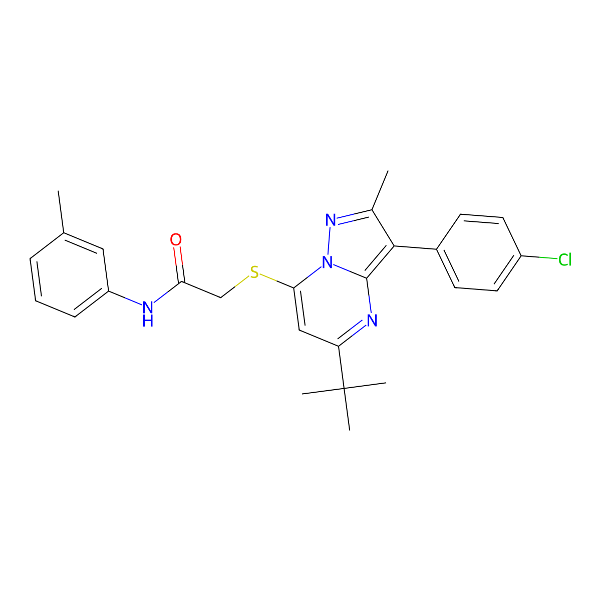 2-{[5-tert-butyl-3-(4-chlorophenyl)-2-methylpyrazolo[1,5-a]pyrimidin-7-yl]sulfanyl}-N-(3-methylphenyl)acetamide molecular structure, CAS 862489-42-7