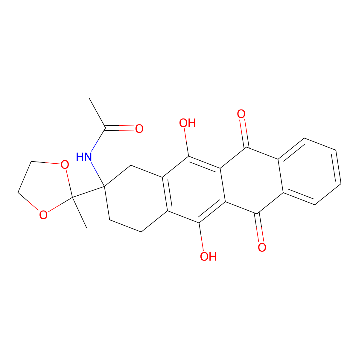 (R)-N-(5,12-dihydroxy-2-(2-methyl-1,3-dioxolan-2-yl)-6,11-dioxo-1,2,3,4,6,11-hexahydrotetracen-2-yl)acetamide molecular structure, CAS 86264-76-8