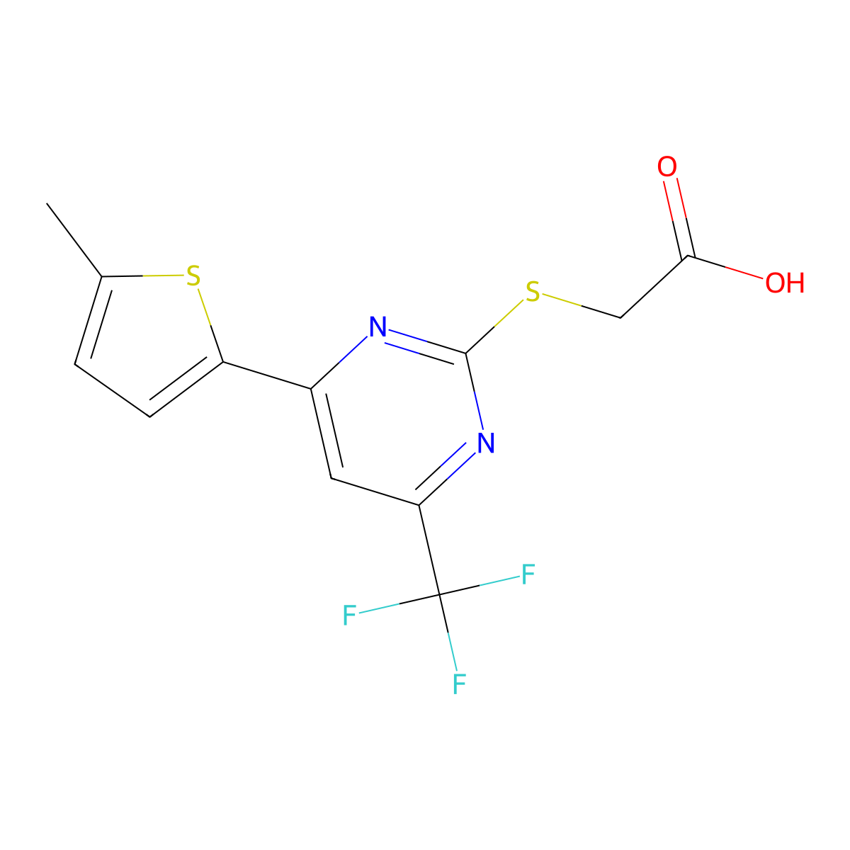 2-((4-(5-Methylthiophen-2-yl)-6-(trifluoromethyl)pyrimidin-2-yl)thio)acetic acid molecular structure, CAS 862679-50-3