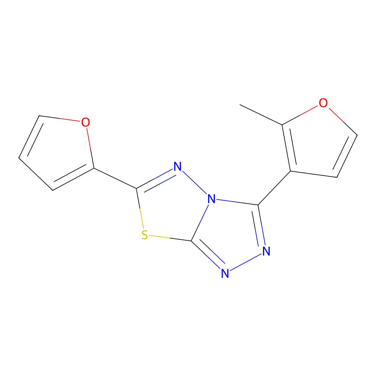 6-(Furan-2-yl)-3-(2-methylfuran-3-yl)-[1,2,4]triazolo[3,4-b][1,3,4]thiadiazole molecular structure, CAS 862720-89-6
