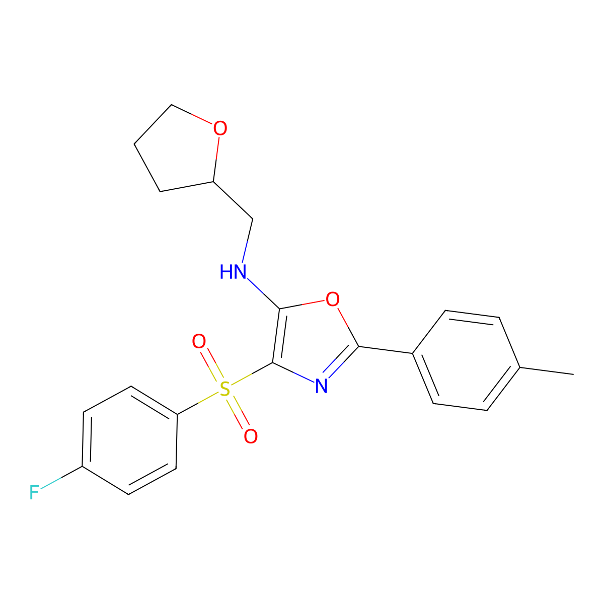 4-((4-fluorophenyl)sulfonyl)-N-((tetrahydrofuran-2-yl)methyl)-2-(p-tolyl)oxazol-5-amine molecular structure, CAS 862738-68-9