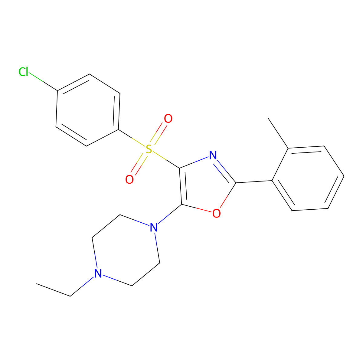 4-((4-Chlorophenyl)sulfonyl)-5-(4-ethylpiperazin-1-yl)-2-(o-tolyl)oxazole molecular structure, CAS 862758-94-9