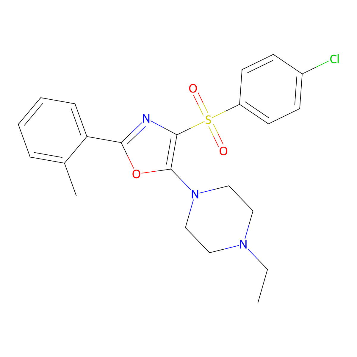 4-((4-Chlorophenyl)sulfonyl)-5-(4-ethylpiperazin-1-yl)-2-(o-tolyl)oxazole molecular structure, CAS 862758-94-9