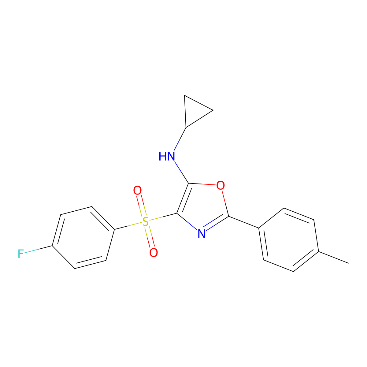 N-cyclopropyl-4-((4-fluorophenyl)sulfonyl)-2-(p-tolyl)oxazol-5-amine molecular structure, CAS 862760-93-8