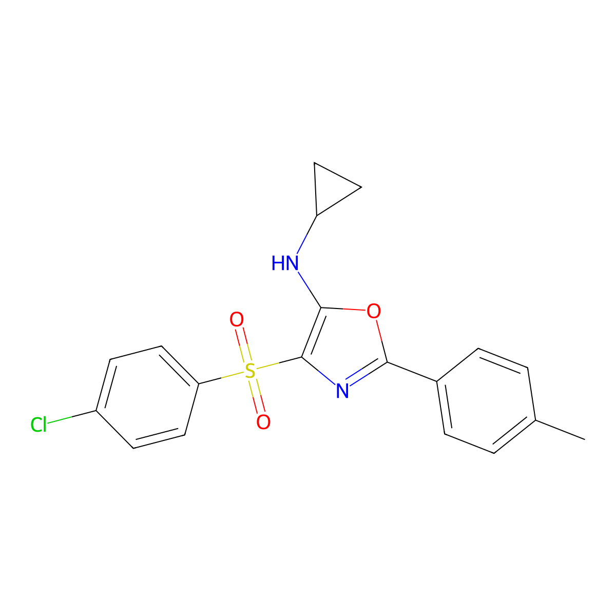 4-((4-chlorophenyl)sulfonyl)-N-cyclopropyl-2-(p-tolyl)oxazol-5-amine molecular structure, CAS 862760-95-0