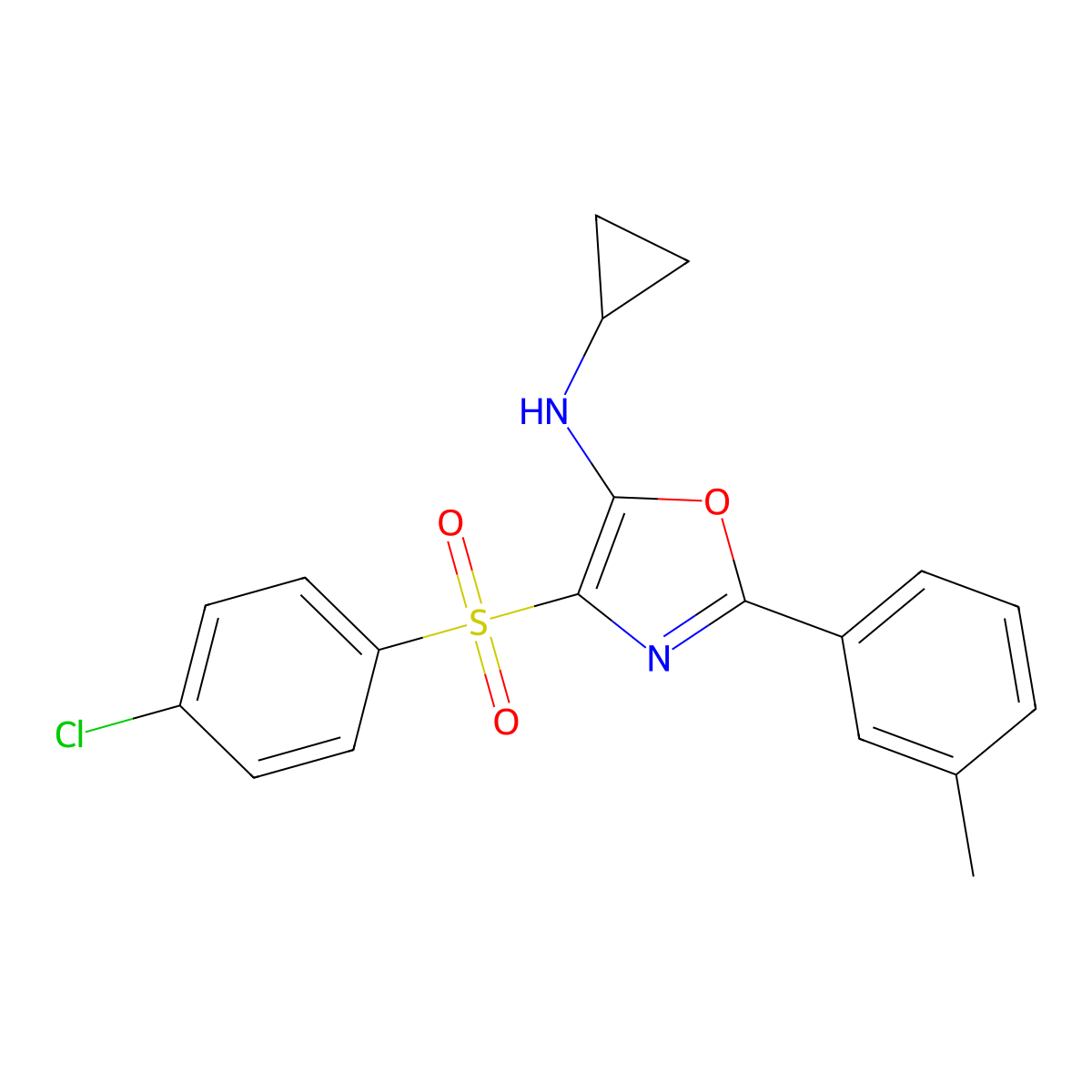 4-((4-chlorophenyl)sulfonyl)-N-cyclopropyl-2-(m-tolyl)oxazol-5-amine molecular structure, CAS 862761-07-7