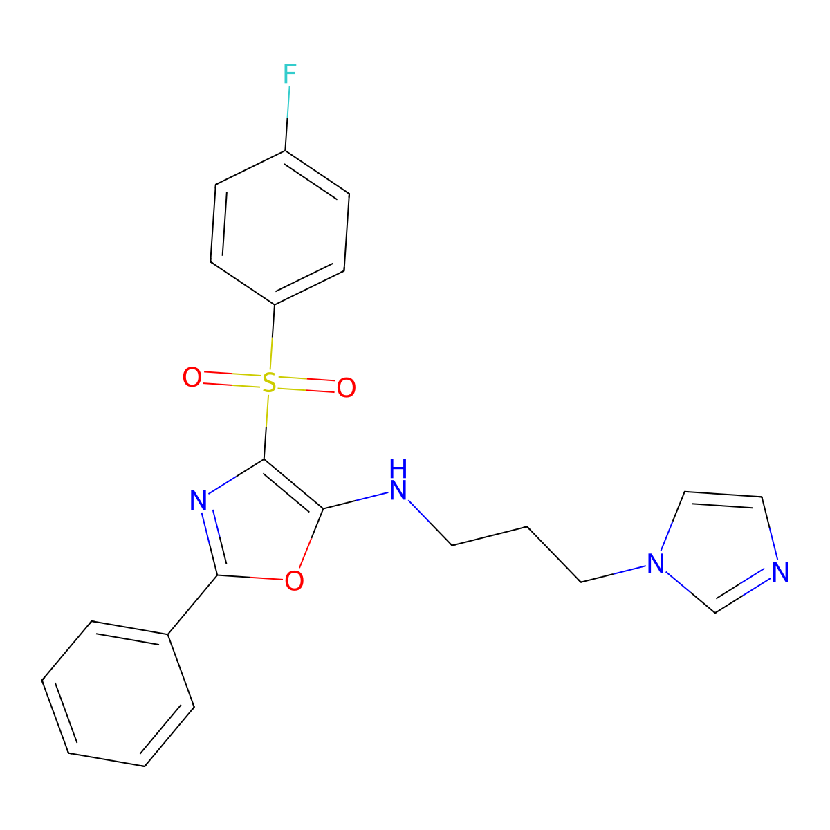 N-(3-(1H-imidazol-1-yl)propyl)-4-((4-fluorophenyl)sulfonyl)-2-phenyloxazol-5-amine molecular structure, CAS 862761-65-7