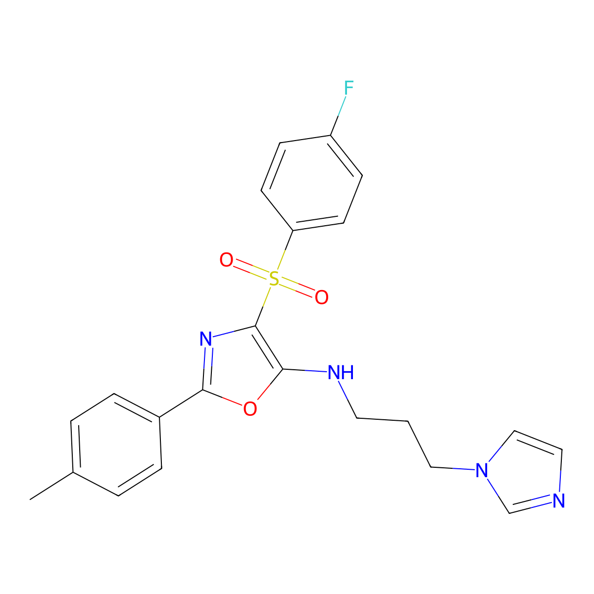 N-(3-(1H-imidazol-1-yl)propyl)-4-((4-fluorophenyl)sulfonyl)-2-(p-tolyl)oxazol-5-amine molecular structure, CAS 862761-66-8