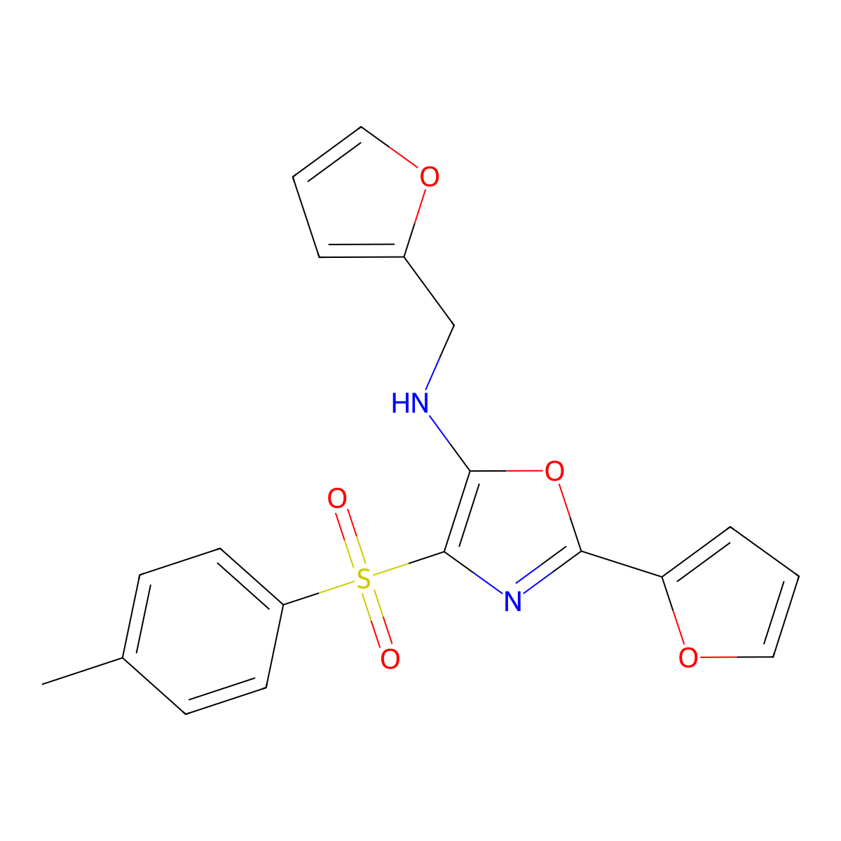 2-(furan-2-yl)-N-[(furan-2-yl)methyl]-4-(4-methylbenzenesulfonyl)-1,3-oxazol-5-amine molecular structure, CAS 862793-37-1