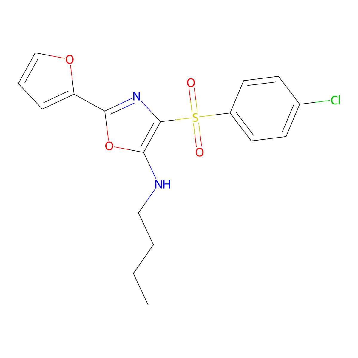 N-butyl-4-((4-chlorophenyl)sulfonyl)-2-(furan-2-yl)oxazol-5-amine molecular structure, CAS 862794-19-2