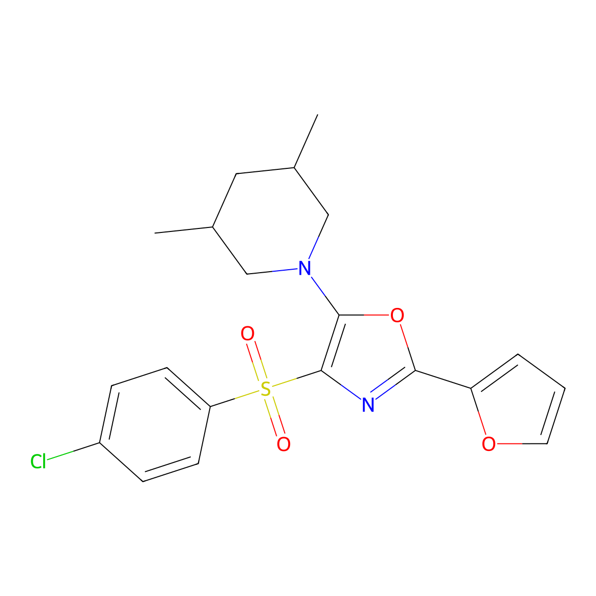 4-((4-Chlorophenyl)sulfonyl)-5-(3,5-dimethylpiperidin-1-yl)-2-(furan-2-yl)oxazole molecular structure, CAS 862794-80-7