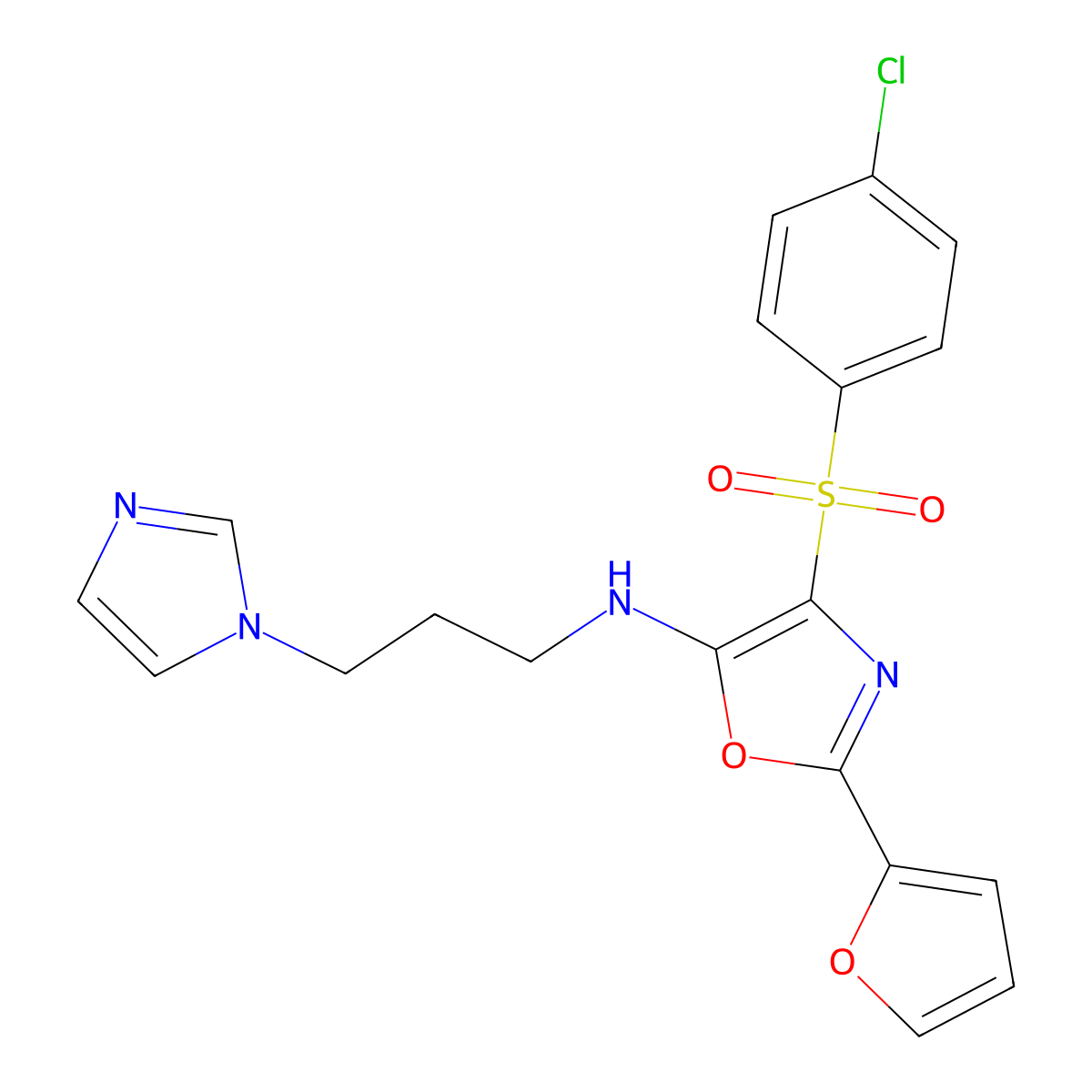 N-(3-(1H-imidazol-1-yl)propyl)-4-((4-chlorophenyl)sulfonyl)-2-(furan-2-yl)oxazol-5-amine molecular structure, CAS 862794-84-1