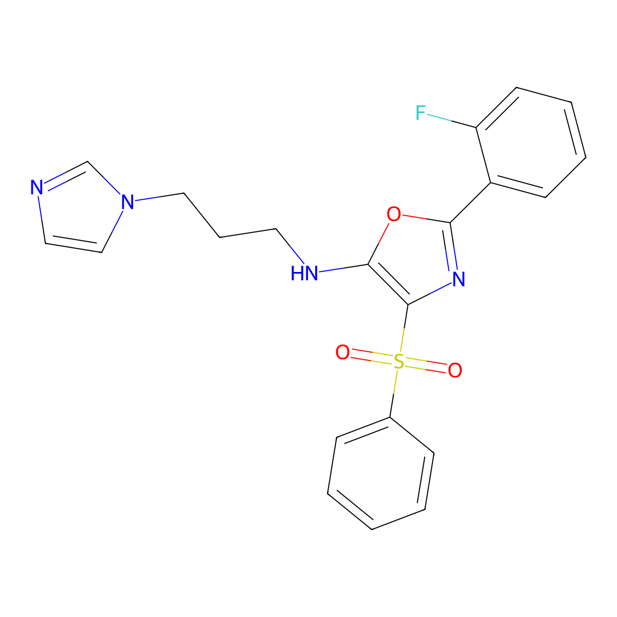 N-(3-(1H-imidazol-1-yl)propyl)-2-(2-fluorophenyl)-4-(phenylsulfonyl)oxazol-5-amine molecular structure, CAS 862797-92-0