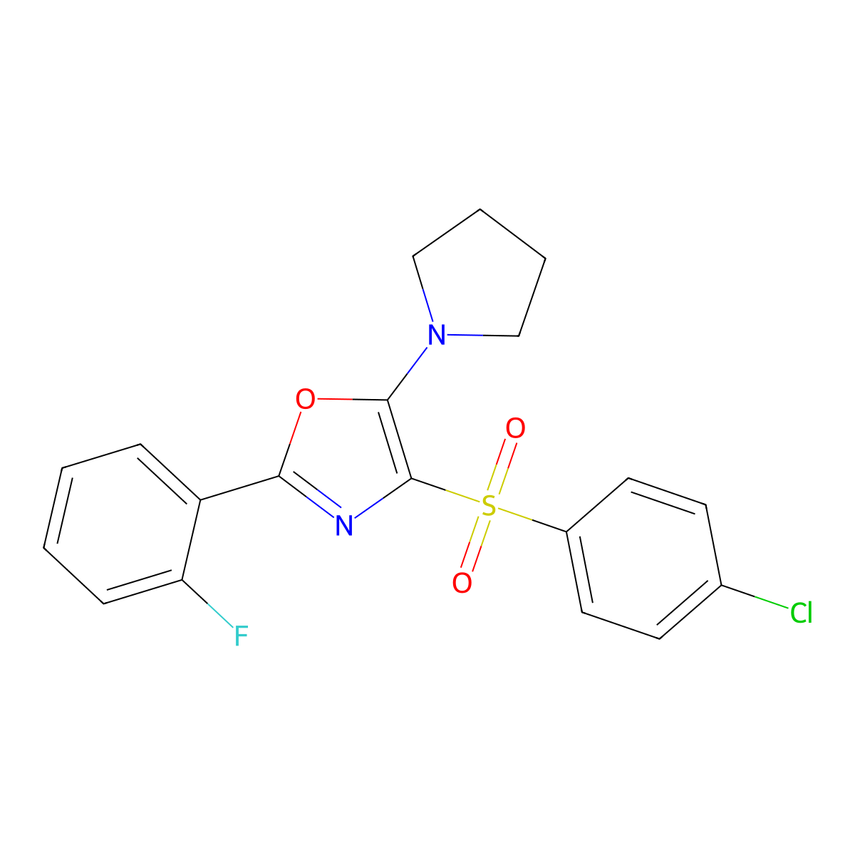 4-((4-Chlorophenyl)sulfonyl)-2-(2-fluorophenyl)-5-(pyrrolidin-1-yl)oxazole molecular structure, CAS 862799-04-0