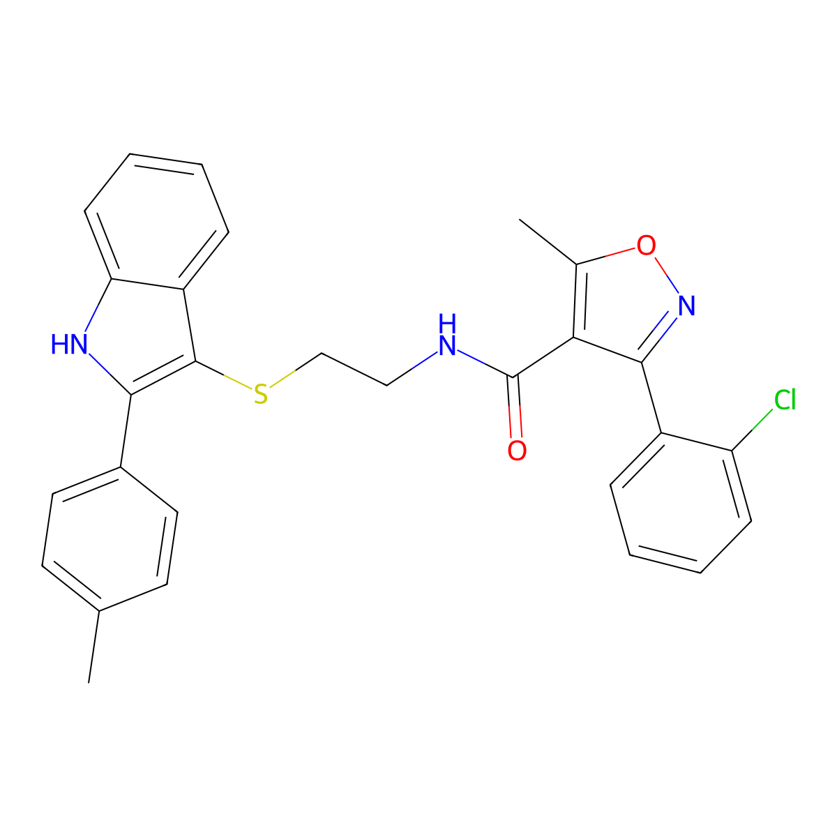 3-(2-chlorophenyl)-5-methyl-N-(2-((2-(p-tolyl)-1H-indol-3-yl)thio)ethyl)isoxazole-4-carboxamide molecular structure, CAS 862806-60-8