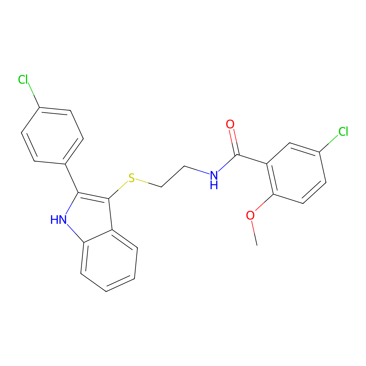 5-chloro-N-(2-((2-(4-chlorophenyl)-1H-indol-3-yl)thio)ethyl)-2-methoxybenzamide molecular structure, CAS 862806-62-0