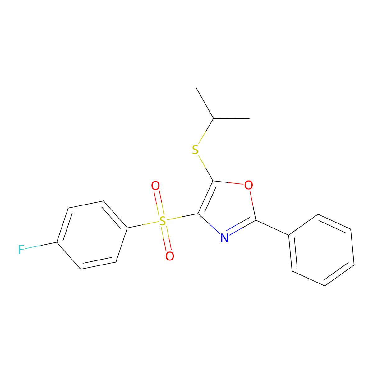 4-((4-Fluorophenyl)sulfonyl)-5-(isopropylthio)-2-phenyloxazole molecular structure, CAS 862807-06-5