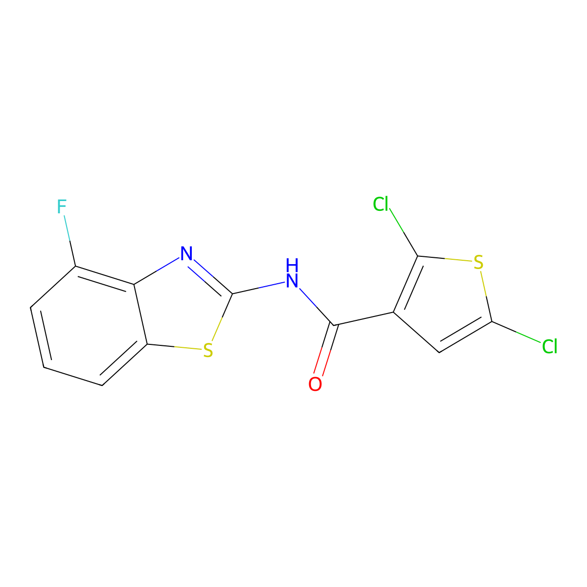 2,5-dichloro-N-(4-fluoro-1,3-benzothiazol-2-yl)thiophene-3-carboxamide molecular structure, CAS 862807-29-2