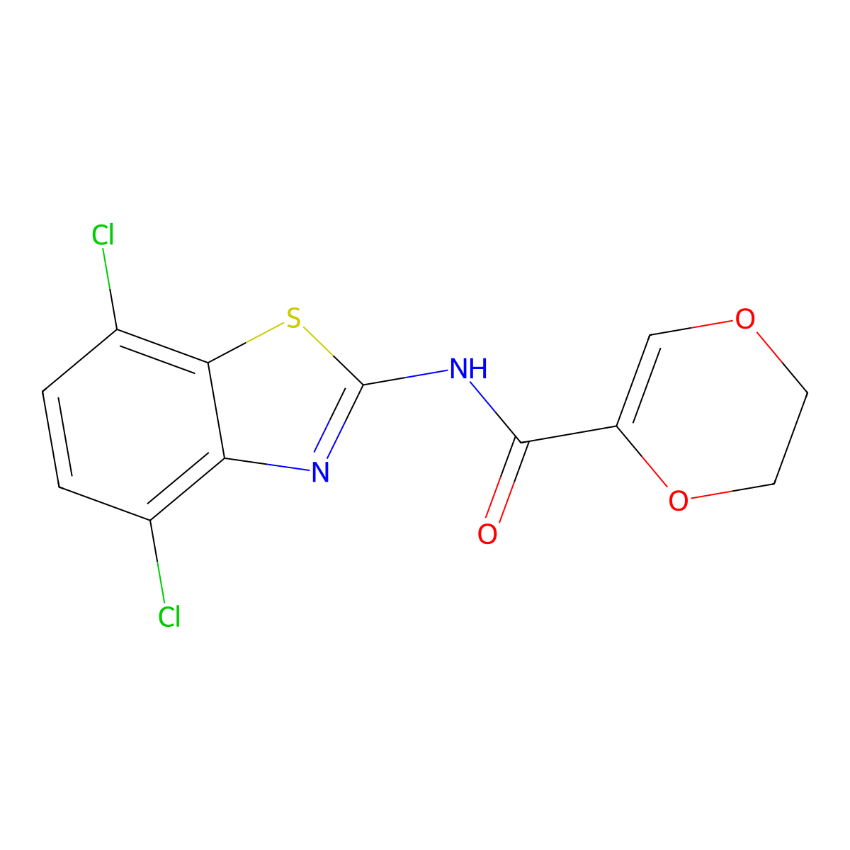 N-(4,7-dichlorobenzo[d]thiazol-2-yl)-5,6-dihydro-1,4-dioxine-2-carboxamide molecular structure, CAS 862807-49-6