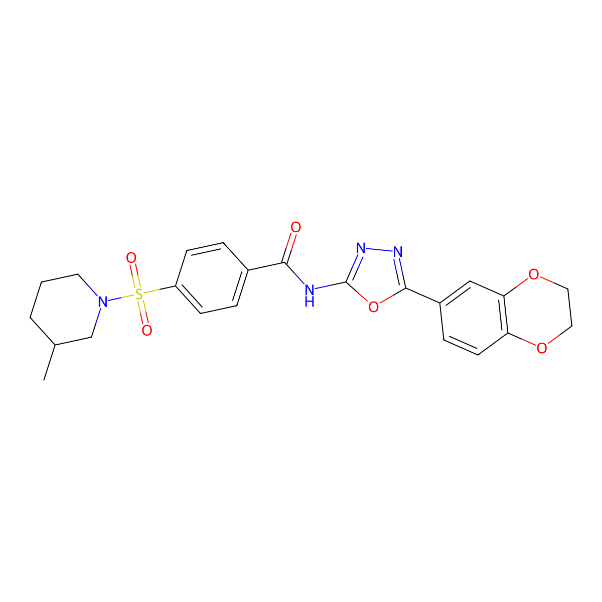 N-(5-(2,3-dihydrobenzo[b][1,4]dioxin-6-yl)-1,3,4-oxadiazol-2-yl)-4-((3-methylpiperidin-1-yl)sulfonyl)benzamide molecular structure, CAS 862808-51-3