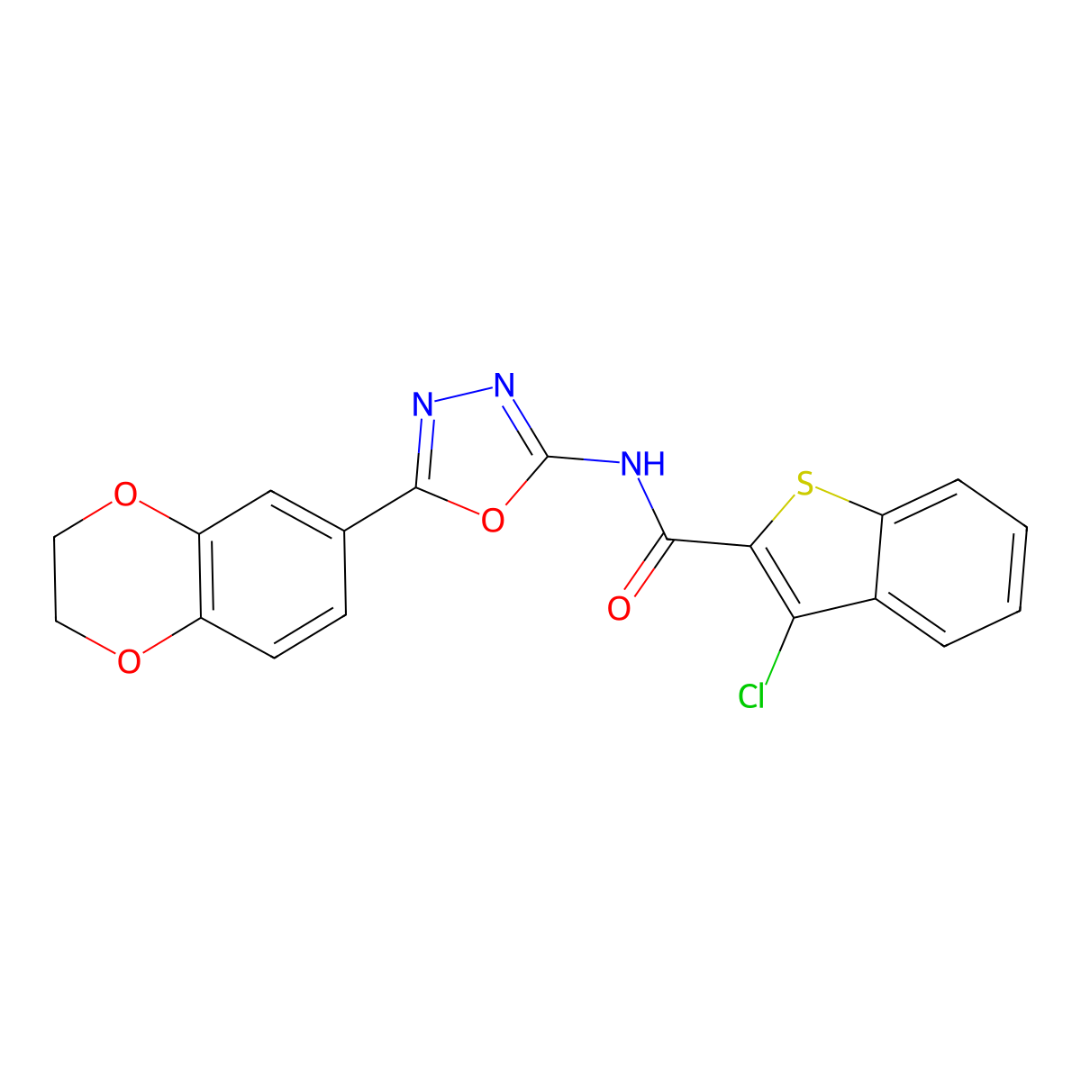 3-chloro-N-[5-(2,3-dihydro-1,4-benzodioxin-6-yl)-1,3,4-oxadiazol-2-yl]-1-benzothiophene-2-carboxamide molecular structure, CAS 862808-67-1