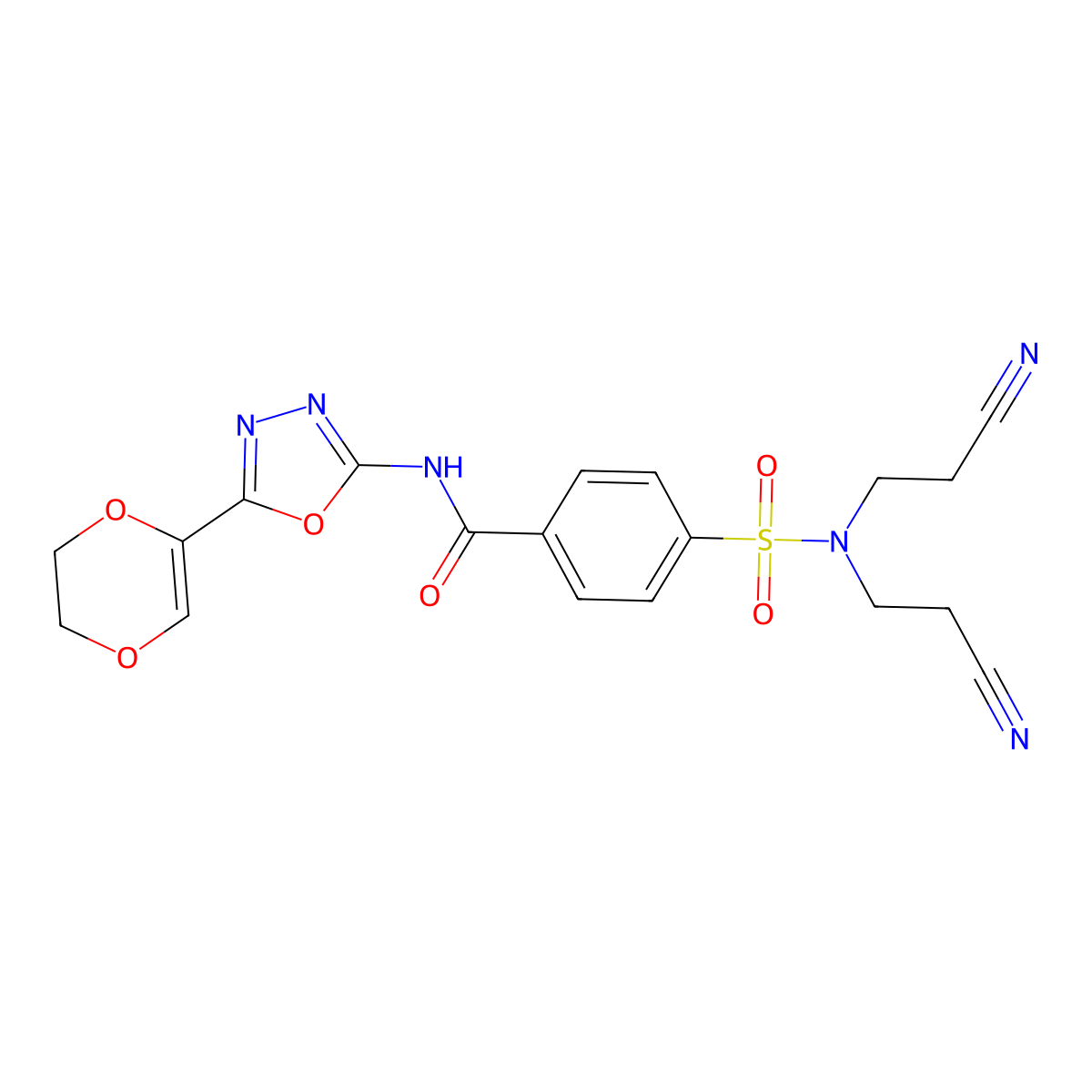 4-(N,N-bis(2-cyanoethyl)sulfamoyl)-N-(5-(5,6-dihydro-1,4-dioxin-2-yl)-1,3,4-oxadiazol-2-yl)benzamide molecular structure, CAS 862808-73-9