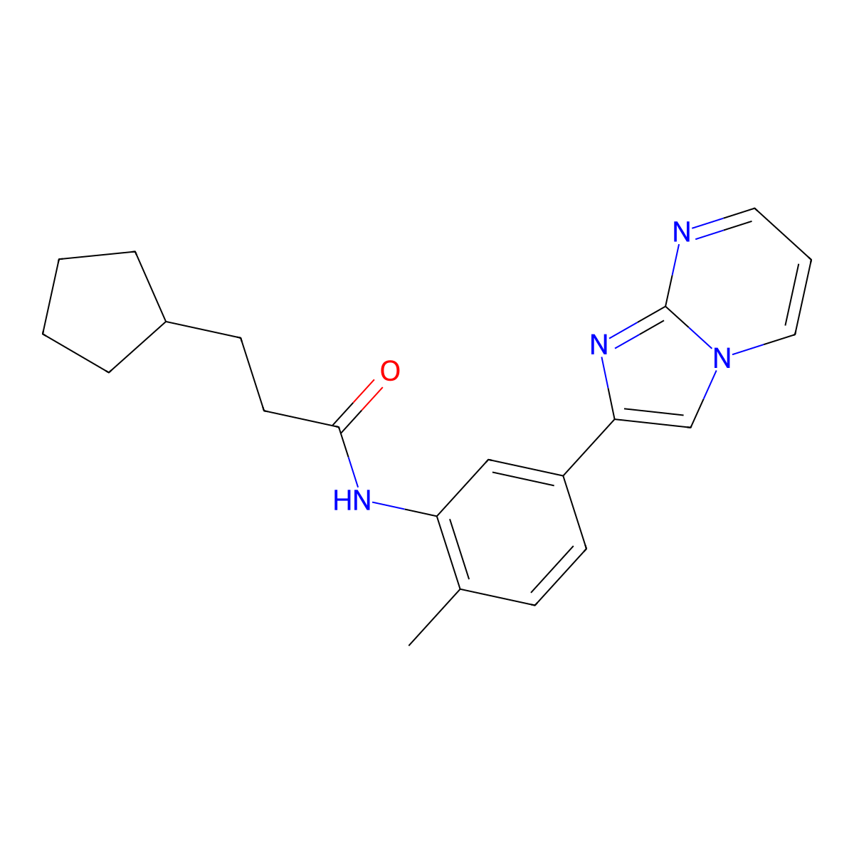 3-cyclopentyl-N-(5-imidazo[1,2-a]pyrimidin-2-yl-2-methylphenyl)propanamide molecular structure, CAS 862810-18-2