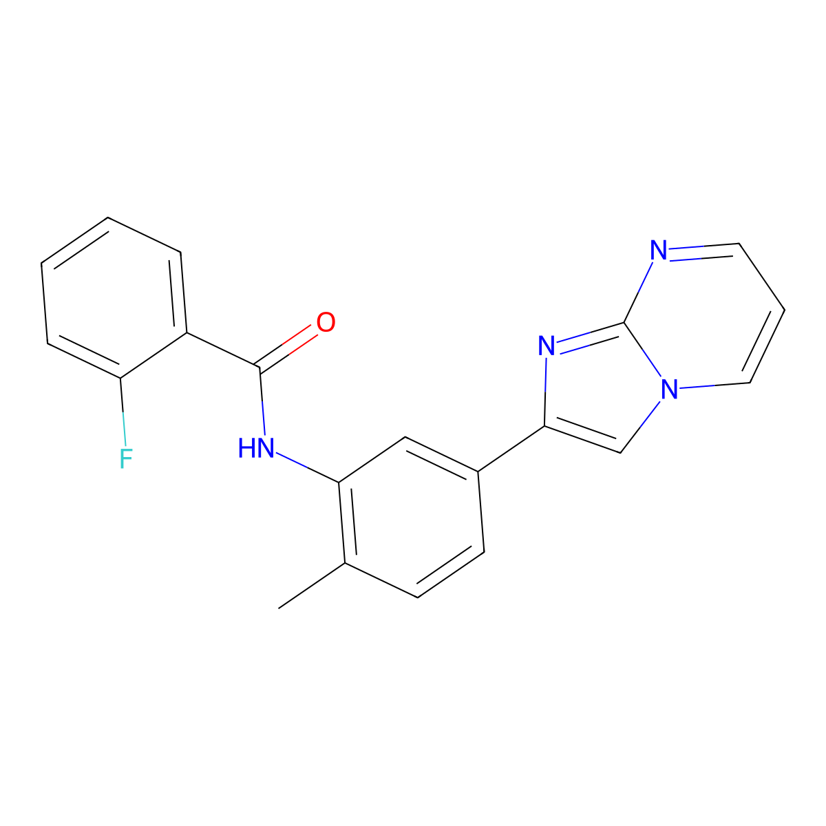 2-fluoro-N-(5-imidazo[1,2-a]pyrimidin-2-yl-2-methylphenyl)benzamide molecular structure, CAS 862810-30-8