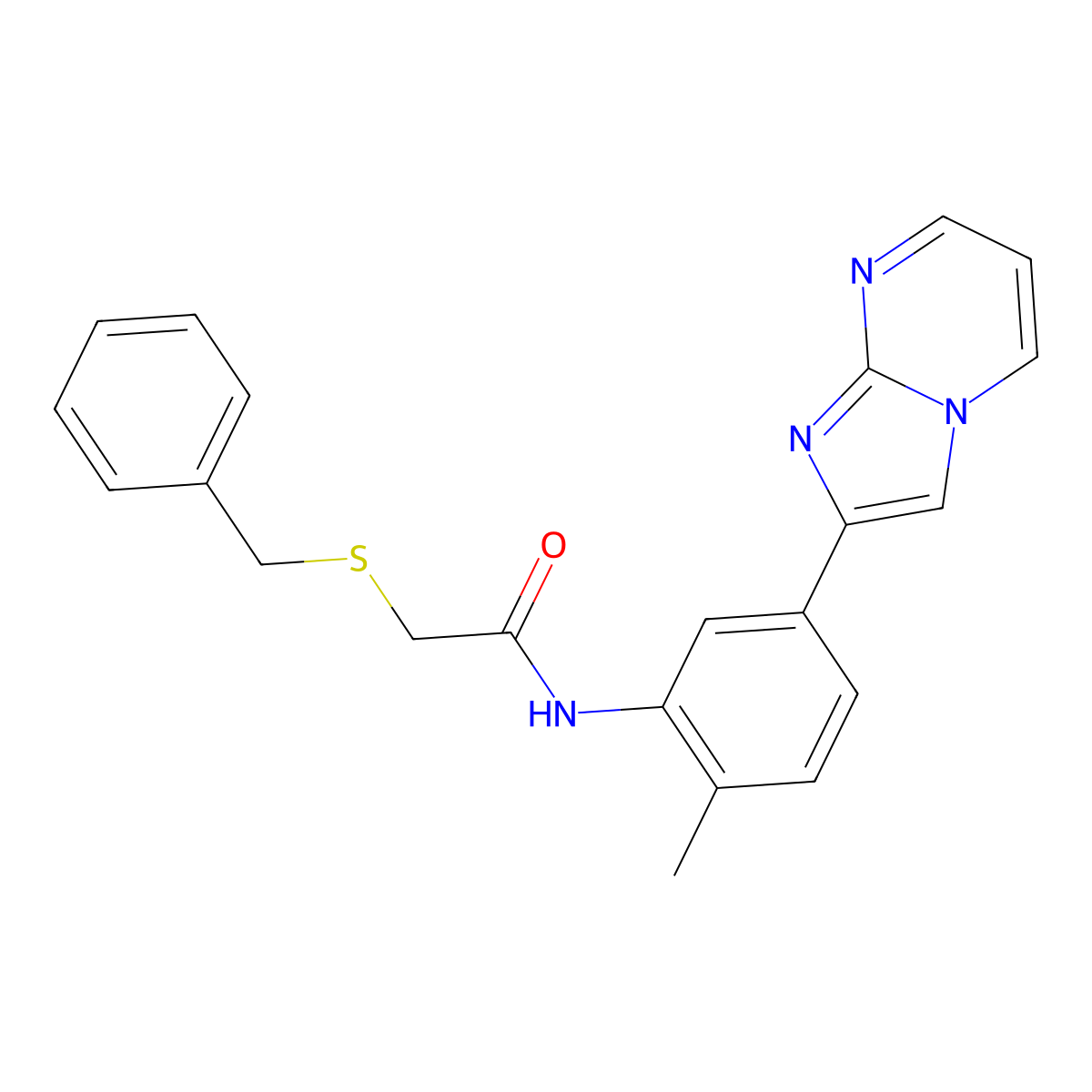 2-(benzylthio)-N-(5-(imidazo[1,2-a]pyrimidin-2-yl)-2-methylphenyl)acetamide molecular structure, CAS 862810-44-4