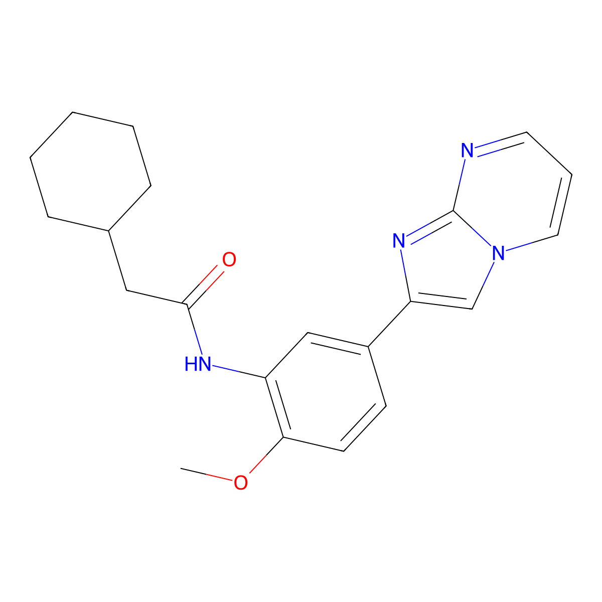 2-cyclohexyl-N-(5-imidazo[1,2-a]pyrimidin-2-yl-2-methoxyphenyl)acetamide molecular structure, CAS 862810-63-7