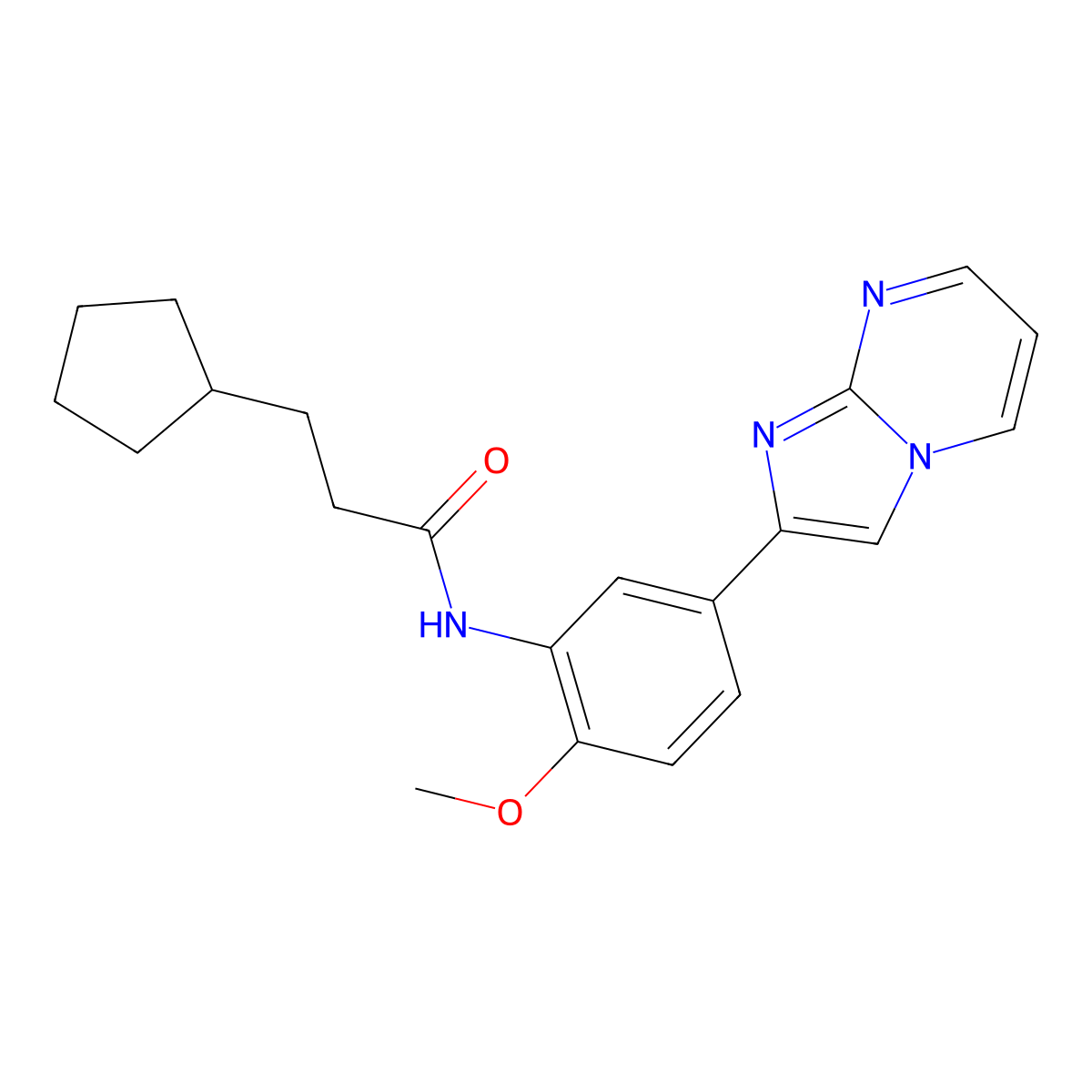 3-cyclopentyl-N-(5-{imidazo[1,2-a]pyrimidin-2-yl}-2-methoxyphenyl)propanamide molecular structure, CAS 862810-64-8
