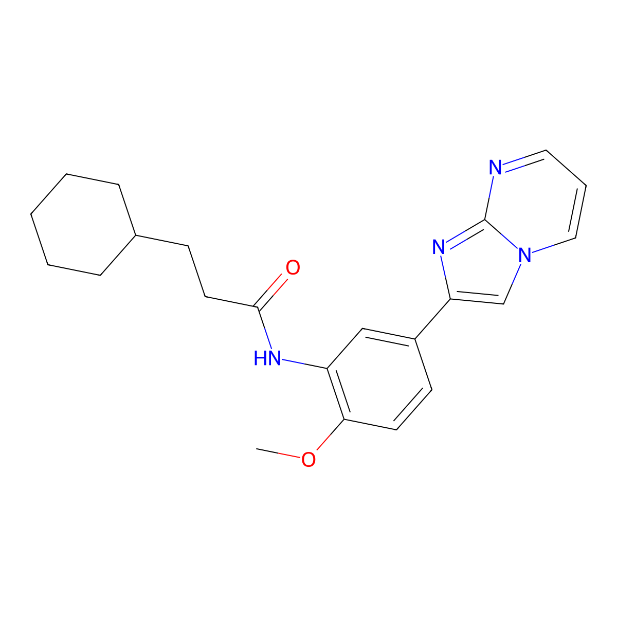 3-cyclohexyl-N-(5-imidazo[1,2-a]pyrimidin-2-yl-2-methoxyphenyl)propanamide molecular structure, CAS 862810-65-9