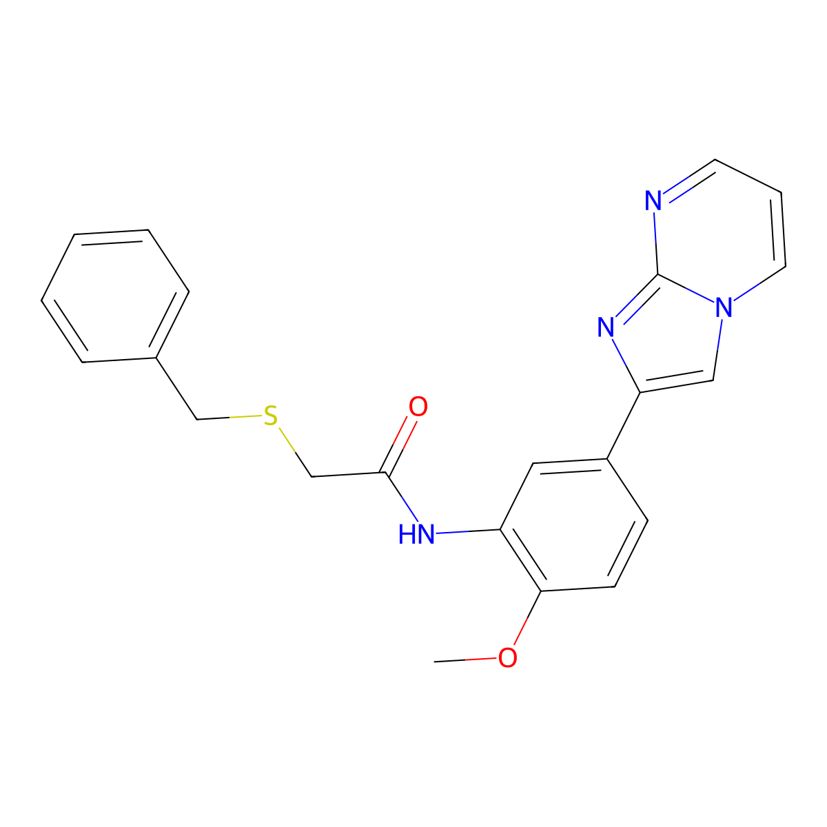 2-(benzylthio)-N-(5-(imidazo[1,2-a]pyrimidin-2-yl)-2-methoxyphenyl)acetamide molecular structure, CAS 862810-98-8