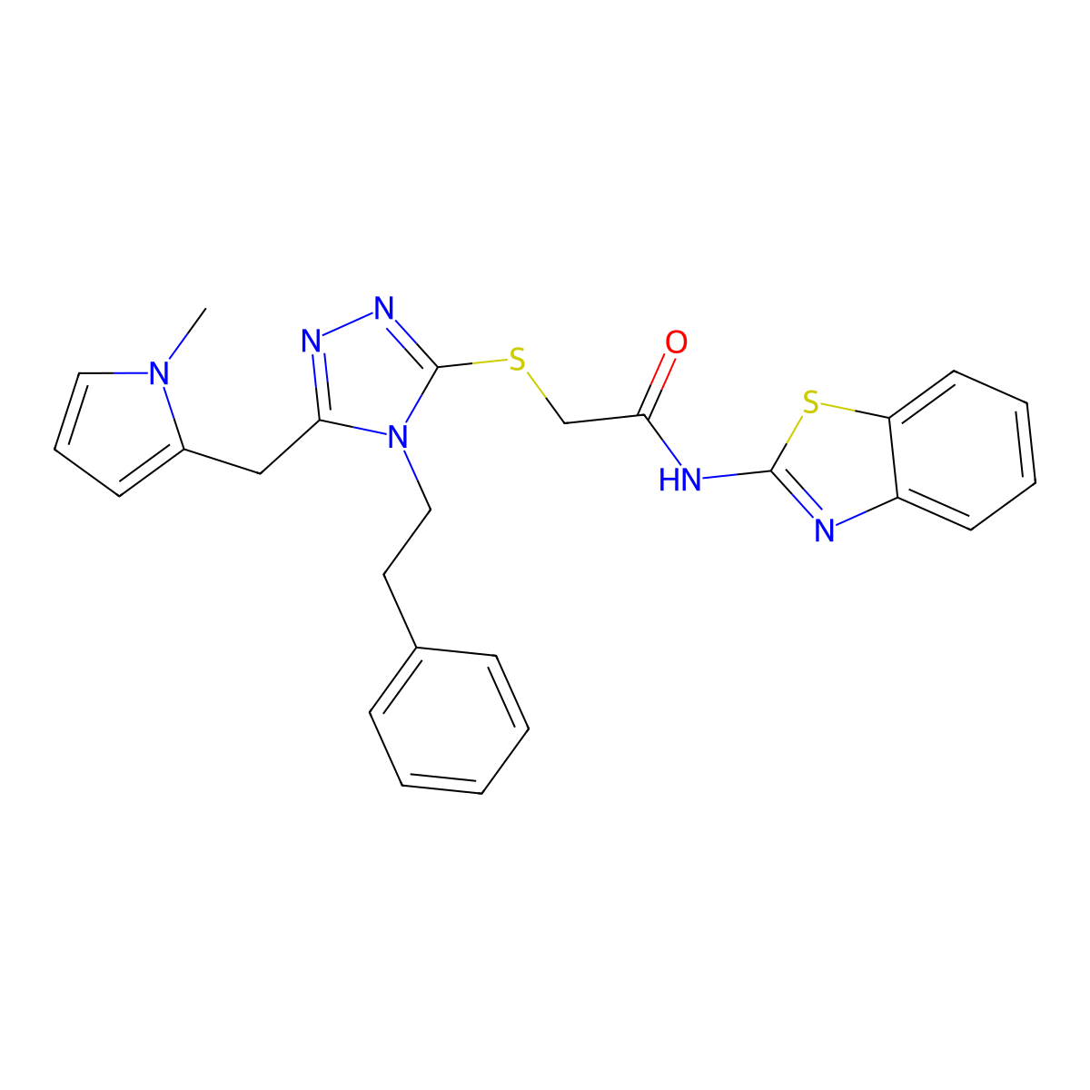 N-1,3-benzothiazol-2-yl-2-{[5-[(1-methyl-1H-pyrrol-2-yl)methyl]-4-(2-phenylethyl)-4H-1,2,4-triazol-3-yl]thio}acetamide molecular structure, CAS 862812-36-0